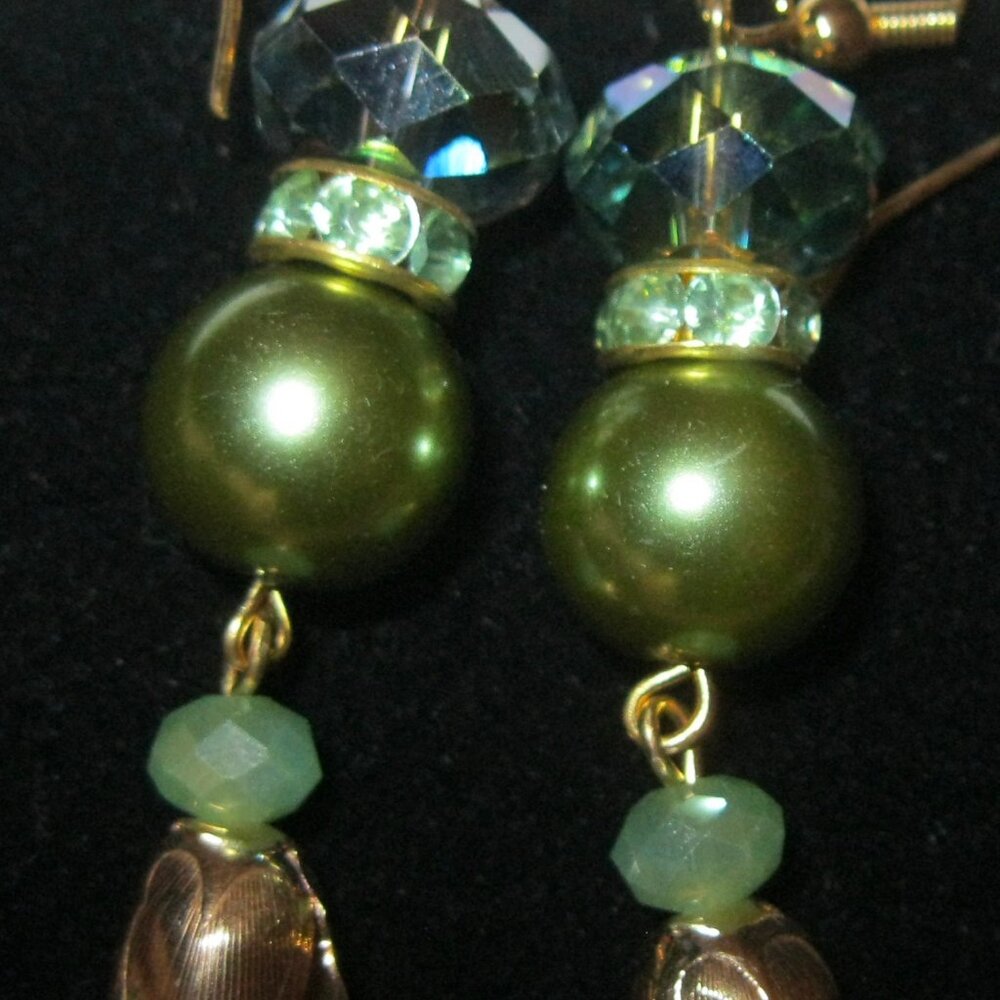 ONE OF A KIND VINTAGE BEADED GREEN BEADS WITH CRYSTALS PIERCED EARRINGS